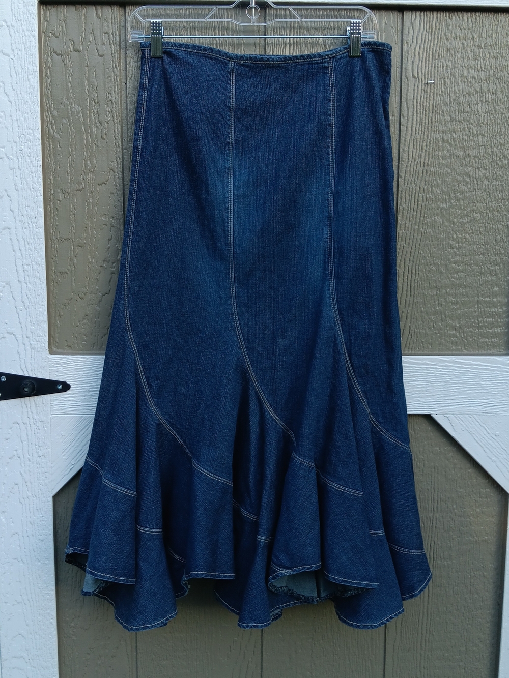 Live a Little Y2K Dark Blue Denim Flared Mermaid/Petail Hem Midi Skirt Size 6